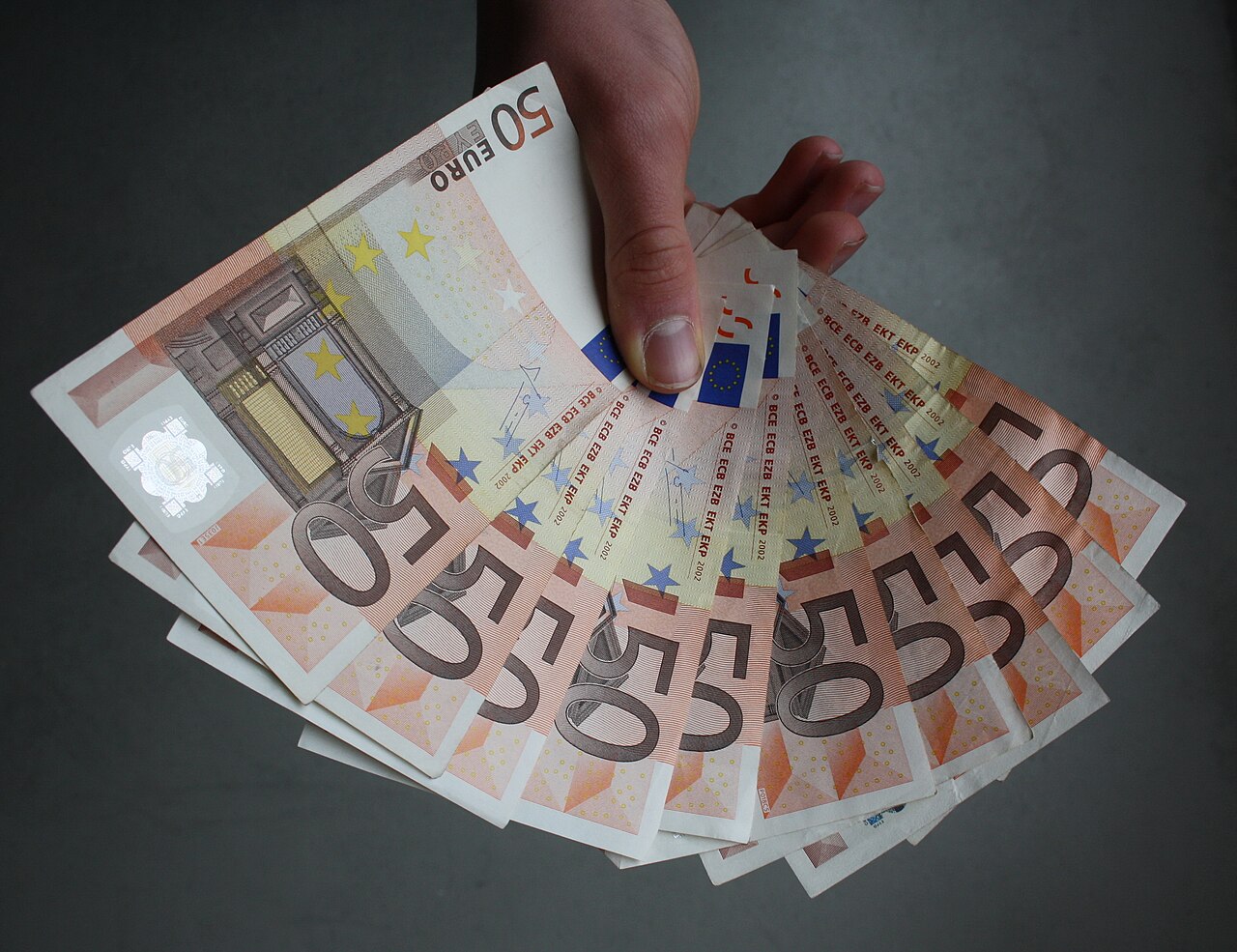 50 Eurobanknoten in der Hand aufgefaechert.JPG